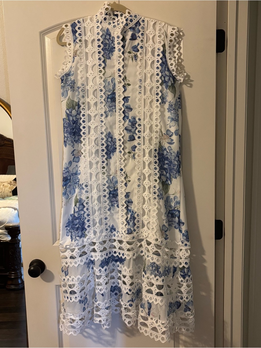 Sleeveless White Dress with Blue Floral Lace Trim